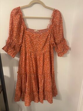 Easel  Coral floral Puff-Sleeve Tiered Dress